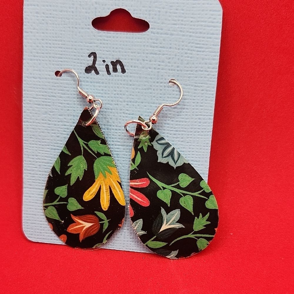 Hand Crafted Dangle Earring  Faux Leather Floral Teardrop - Black and Multicolor